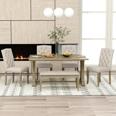 Dining Table Set for 6, Dining Room Set with Bench and 4 Upholstered Chairs, Wooden Dining Set, 6 Piece Farmhouse Dining Table Set, Atumon Dining Table Set Furniture for Kitchen Dining Room, Natural