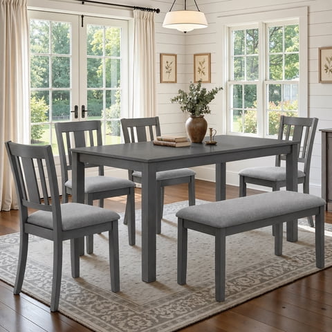 Dining Room Set, LEGAHOME 6 Piece Dining Sets with Bench and Chairs, Solid Wood Kitchen Dining Table Set for 6 with Upholstered Chairs, Gray