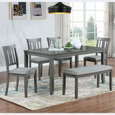 Dining Table Set for 6, Farmhouse 6 Piece Dining Room Set with Bench and Chair, Solid Wood Kitchen Dining Table and Bench Set of 6, Modern Kitchen Furniture Set for Home, Gray