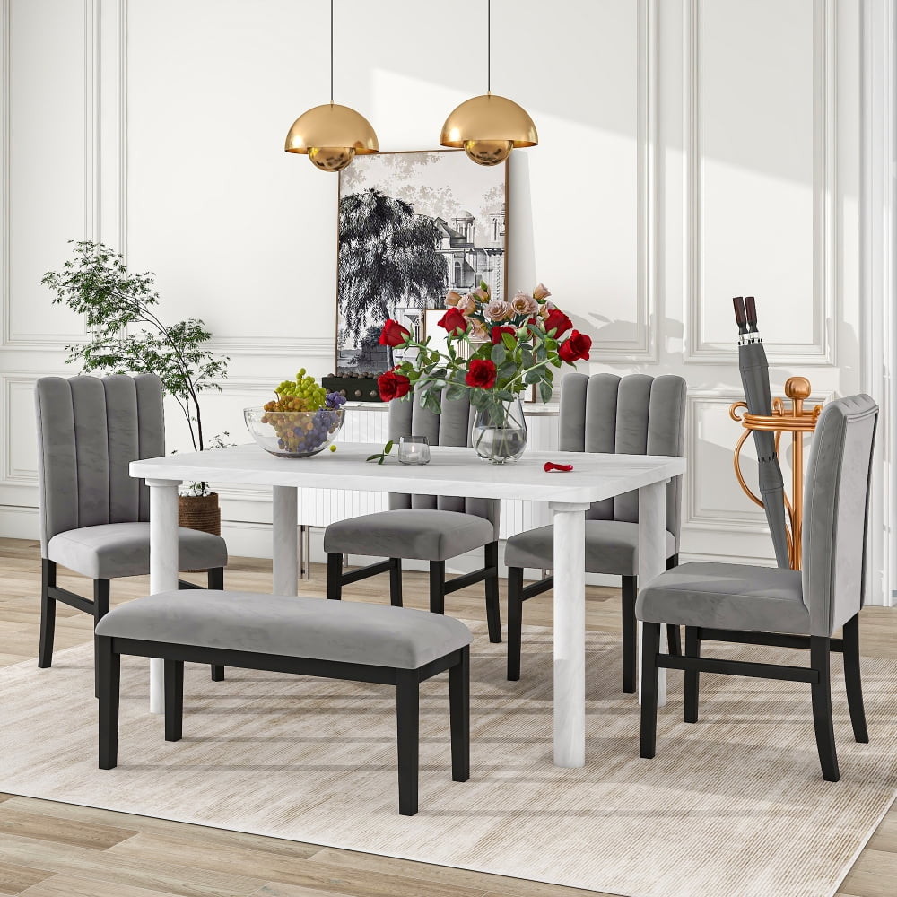 Dining Table Set for 6 with Marble Veneer Table and 4 Flannelette