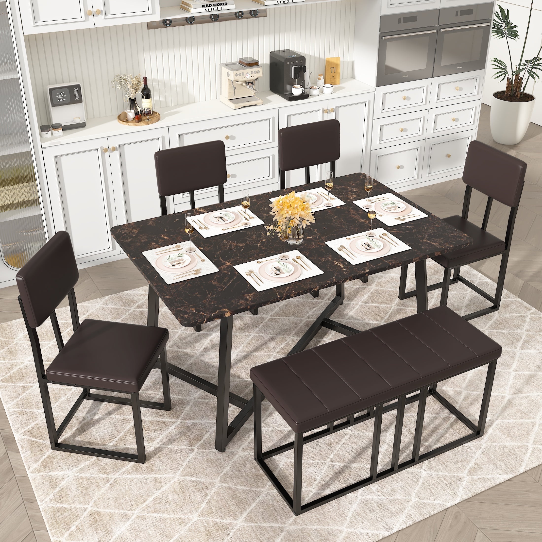 6 Piece Dining Room Table Set, Dining Table Sets for 6 with Chairs and ...