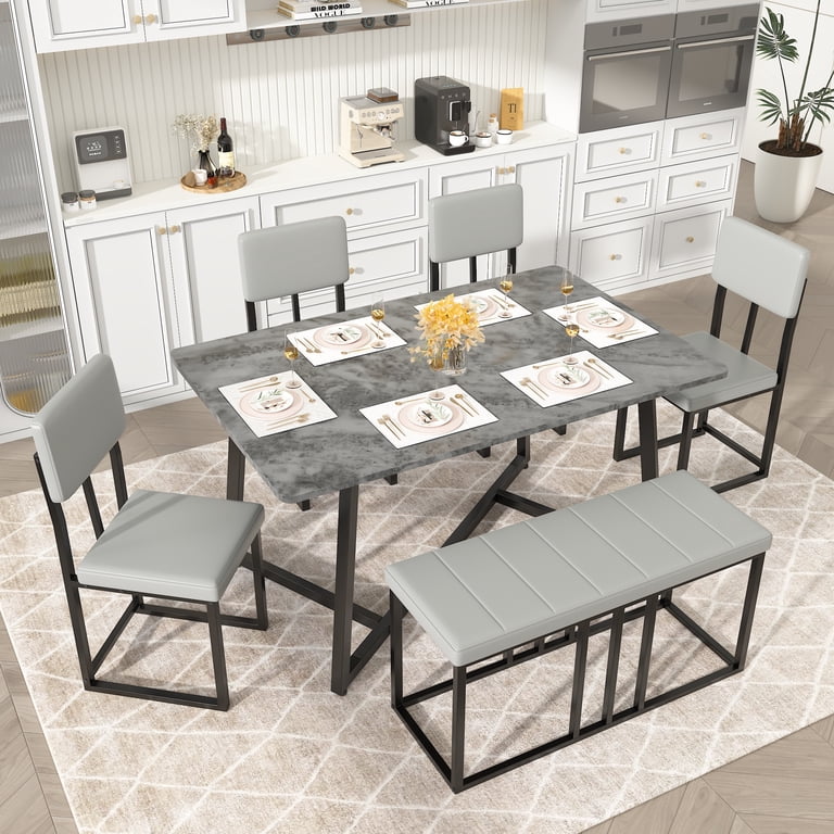 Paproos, Dining Table Set, 6-Piece with Bench, Gray Faux Leather
