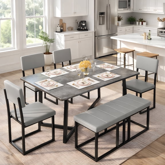 Paproos 6-Piece Dining Set, Modern Dining Table Set with Bench for 6, Rectangular Kitchen 6 Seater Table and Chairs Set, Space-Saving for Apartment & Family, Gray