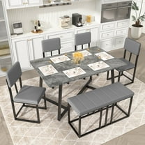 6 Piece Dining Room Table Set, Dining Table Sets for 6 with Chairs and Bench, Large Dinning Table and Chairs 4to6Set, Modern Kitchen Table Sets with Chairs for 6, Gray Table and Gray Chairs Set