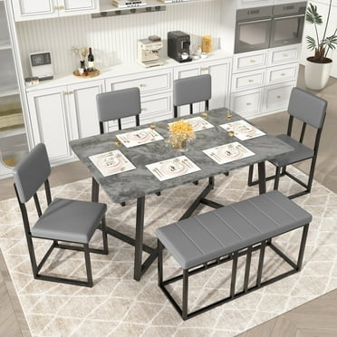 6 Piece Dining Room Table Set, Dining Table Sets for 6 with Chairs and Bench, Large Dinning Table and Chairs 4to6Set, Modern Kitchen Table Sets with Chairs for 6, Gray Table and Gray Chairs Set