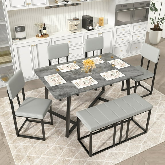 6 Piece Dining Room Table Set, Dining Table Sets for 6 with Chairs and Bench, Large Dinning Table and Chairs 4to6Set, Modern Kitchen Table Sets with Chairs for 6, Gray Table and Gray Chairs Set