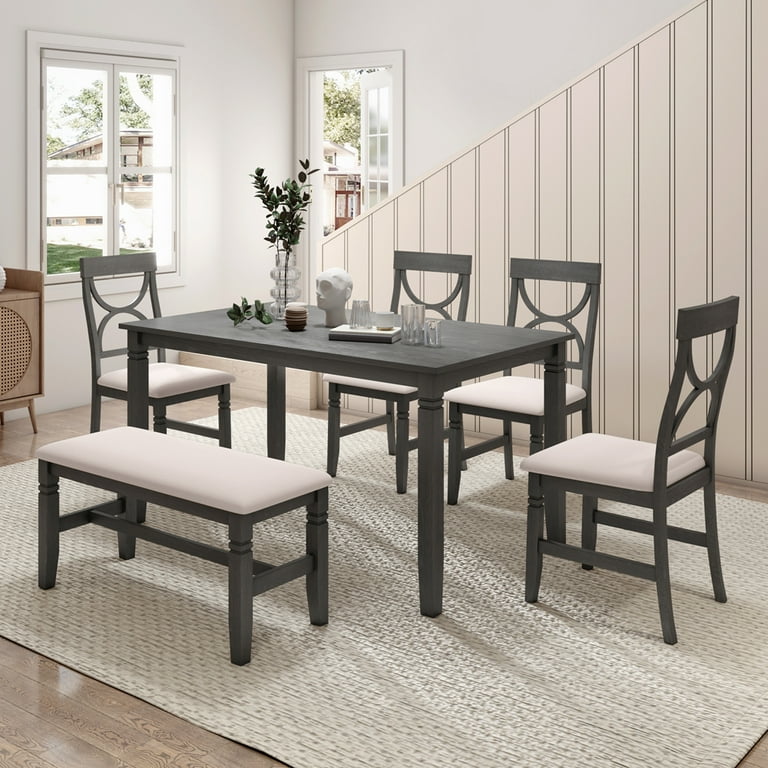 Dining Table Set 6 Piece Wood Kitchen Table Set with Upholstered Bench and 4 Dining Chairs Farmhouse Style Dining Room Set Gray