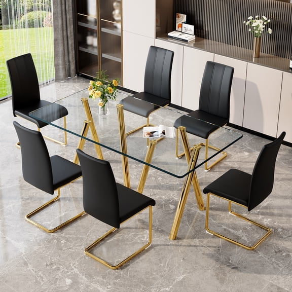 Dining Table Set for 6, Rectangular Tempered Glass Kitchen Table with Gold-Plated Metal Legs and 6 Black PU Leather Upholstered Chairs with Gold Sled Base for Modern Dining Room