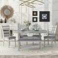 thumbnail image 1 of Dining Table Set for 6, Dining Room Set with Bench and Chairs, 6 Piece Farmhouse Dining Set, Wood Dining Table with Unique Legs, FURNINEST Dining Table Set Furniture for Kitchen Dining Room, Gray, 1 of 10
