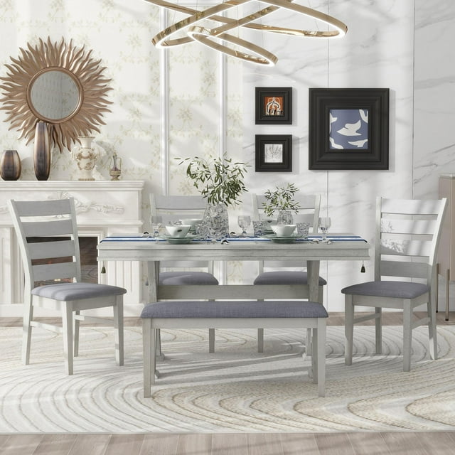 Dining Table Set for 6, Dining Room Set with Bench and Chairs, 6 Piece Farmhouse Dining Set, Wood Dining Table with Unique Legs, FURNINEST Dining Table Set Furniture for Kitchen Dining Room, Gray