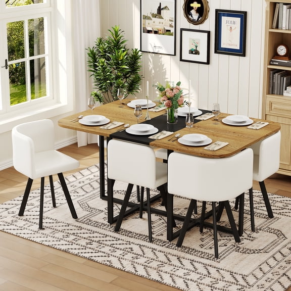 Dining Table Set for 6, Wood Grain Melamine Rectangular Table with 6 White Oil-Wax Faux Leather Padded Chairs, Black Metal Legs, Modern Kitchen Nook Set for Apartment and Dining Room
