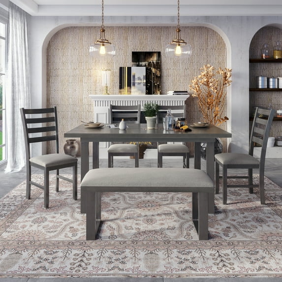 Dining Table Set for 6, Wooden Rectangle Dining Table with 4 Chairs and 1 Bench, Gray Dining Table and Chairs Set, Modern Dining Room Table Set for Kitchen / Breakfast Nook / Compact Space, JA4643