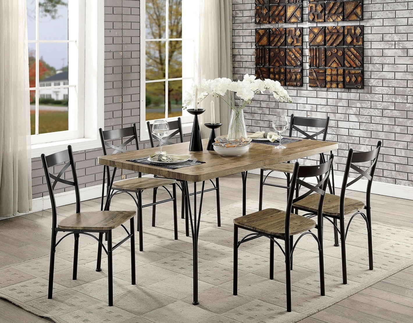 Table For 7 Dining Table Set for 7, 7-Piece Metal and Wood Indoor Modern ...