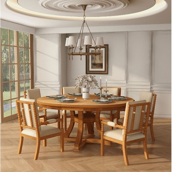 Dining Table Set, 7-Piece Rubber Wood Extendable Round Table with Butterfly Leaf and 6 Upholstered Fabric Chairs, Retro Natural Finish for Dining Room, Kitchen and Living Room