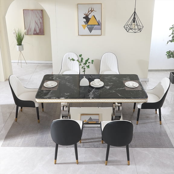 Dining Table Set, 78.7 Inch Black Sintered Stone Faux Marble Top with 6 Chairs, Titanium-Plated Dual Circle Stainless Steel Base, Modern Luxury Kitchen and Dining Room Furniture