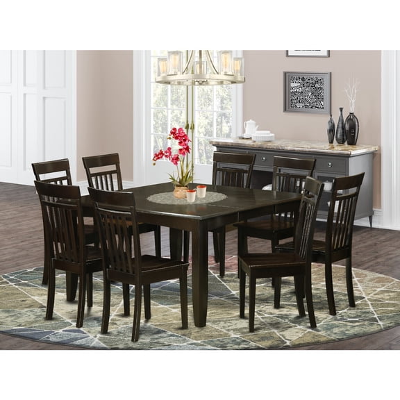 Dining Table Set 9 Piece - Square Table with Butterfly Leaf & 8 Chairs - Cappuccino Finish
