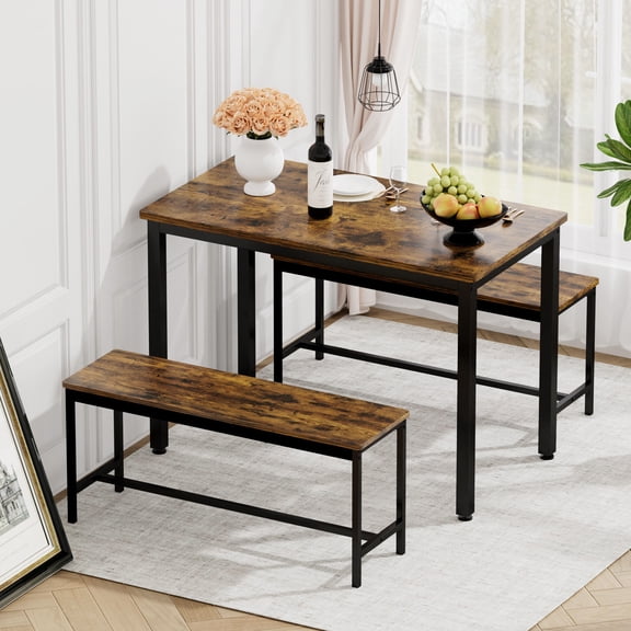43.3" Dining Table Set with 2 Benches - Rustic Brown Industrial Kitchen Table for 4, Counter Height (43.3"L X 23.6"W X 29.9"H)