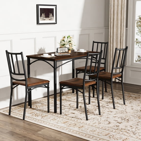 Dining Table Set, Bar Table with 4 Dining Benches, Kitchen Table Counter with Chairs, Industrial for Kitchen Breakfast Table, Living Room, Party Room, Walnut