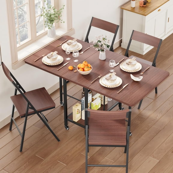 Dining Table Set, Drop Leaf Table 4-Person Folding with 4 Chairs - Swivel Wheels, Space-Saving for Apartment Kitchen Dining Room, Walnut
