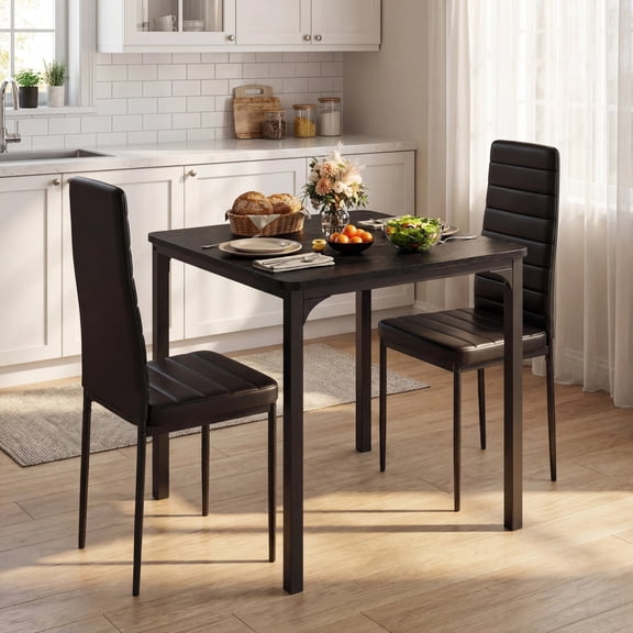 Dining Table Set For 2, 3 Piece Kitchen Table Set with 2 Upholstered Leather chairs for Dining Room, Living Room, Apartment, Small Space, Black
