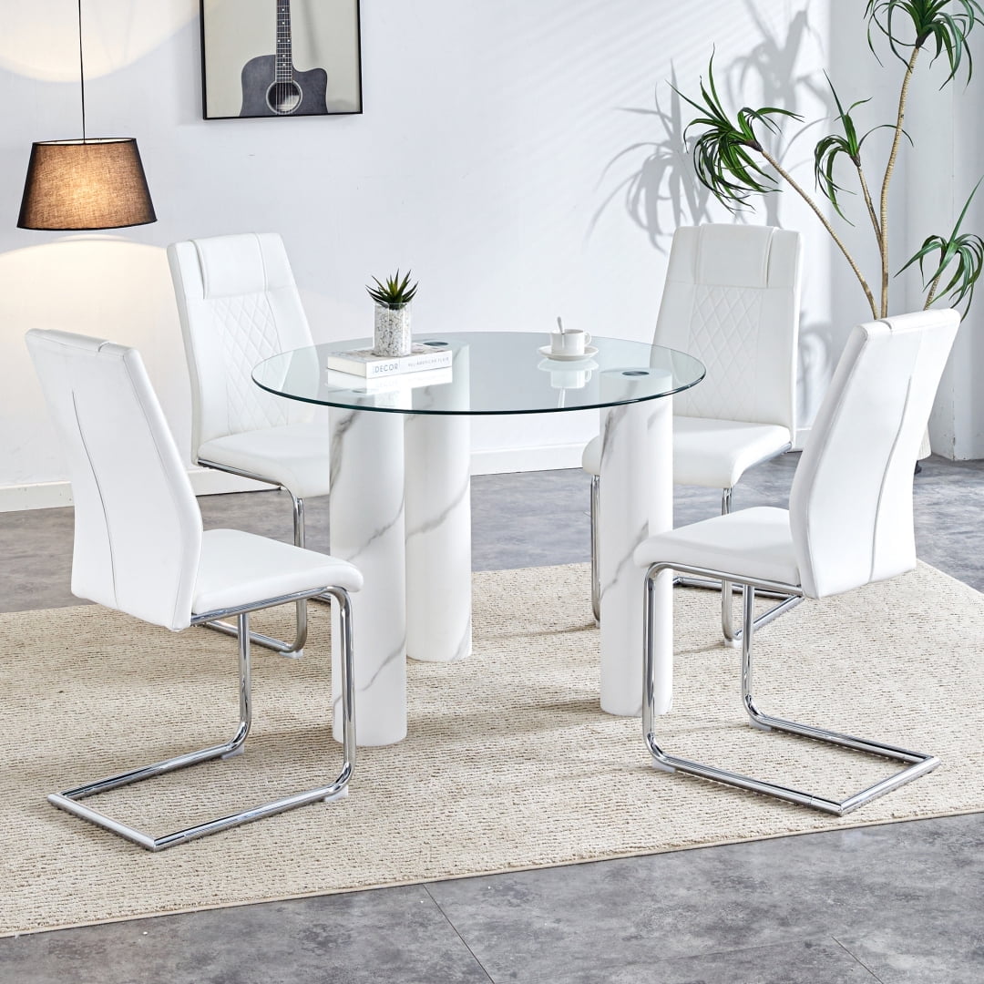 Dining Table Set For 4, Modern Kitchen Table With 4 White Pu Leather Cushioned Dining Chairs ...