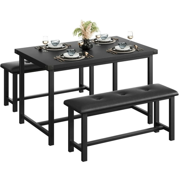 Dining Table Set, Kitchen Table with Benches, Rectangular Dining Room Table Set with 2 Upholstered Benches, 3 Piece Kitchen Table Set for Small Space, Apartment, Studio