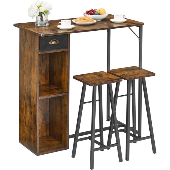Dining Table Set, Kitchen Table and Chairs for 2, 3 Piece Bar Table and Chairs Set With Storage Drawer & Shelf, Compact Dining Table Set for Small Kitchen, Apartment, or Breakfast Nook, Gr