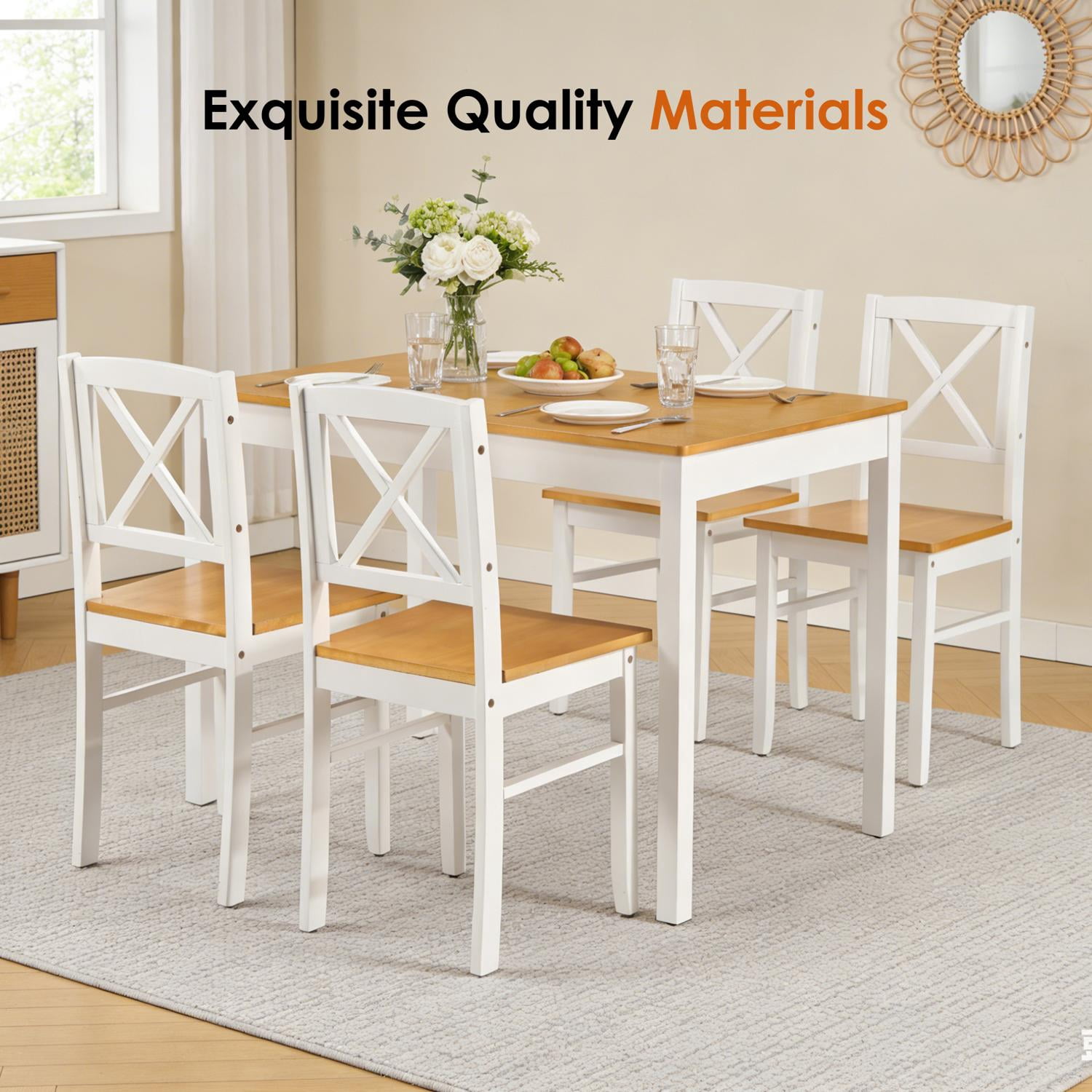 Dining Table Set, Kitchen Table Set, 5 Piece Dining Set 5 Piece Solid Rubberwood Table with 4 Chairs Space Saving Design Smooth Easy Clean Surface for Small Spaces, Ancient White
