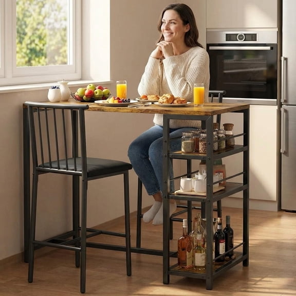 Lofka 3-Piece Small Kitchen Table Set for 2 with 3 Storage Shelves & 2 Backrest Stools, Space-Saving Dining Set with Retro Brown Finish, Small Spaces