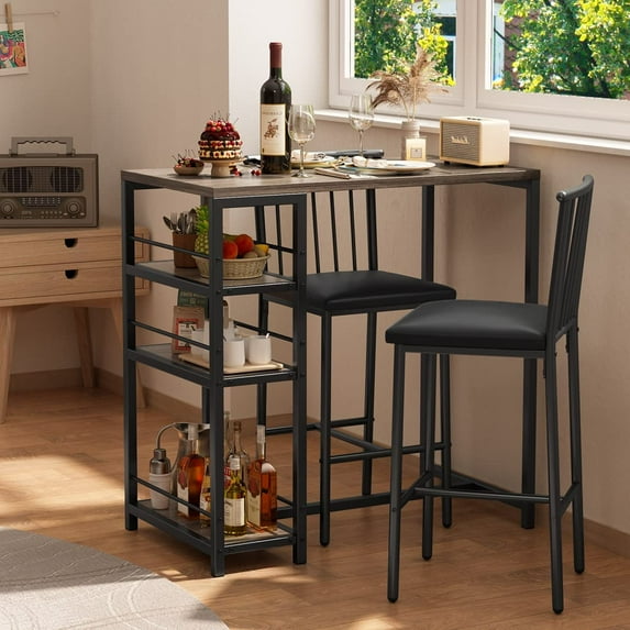 Dining Table Set, Lofka Bar Table Set, Kitchen Table with 3 Shelves and2 Stools, Gray(1 Set)