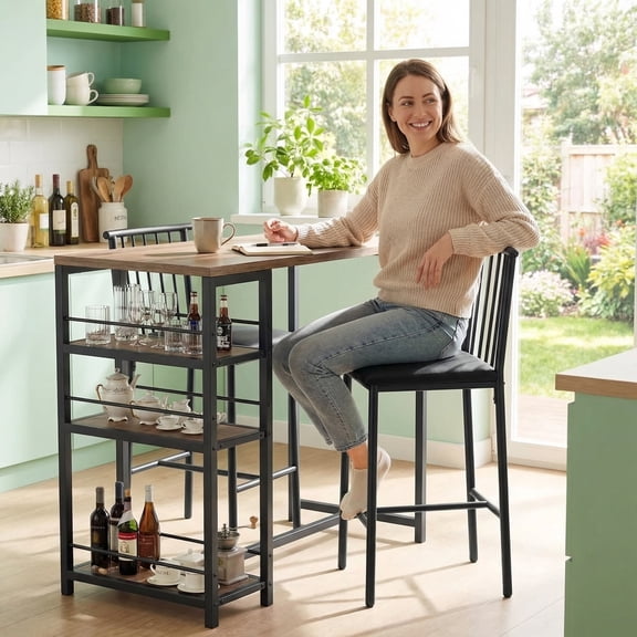 Lofka 3-Piece Small Kitchen Table Set for 2 with 3 Storage Shelves & 2 Backrest Stools, Space-Saving Dining Set for Small Spaces, Gray