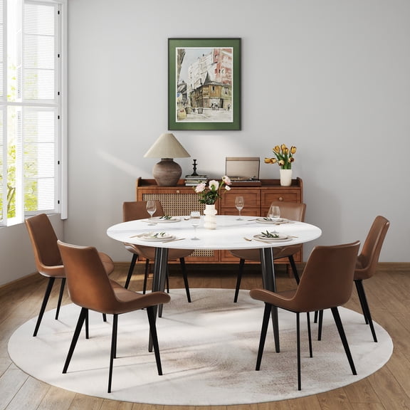 Dining Table Set, Round White Sintered Stone Top with Black Iron Pedestal Base, 59.05" Diameter for 6 People, Heat and Scratch Resistant Modern Kitchen Furniture with 6 Chairs