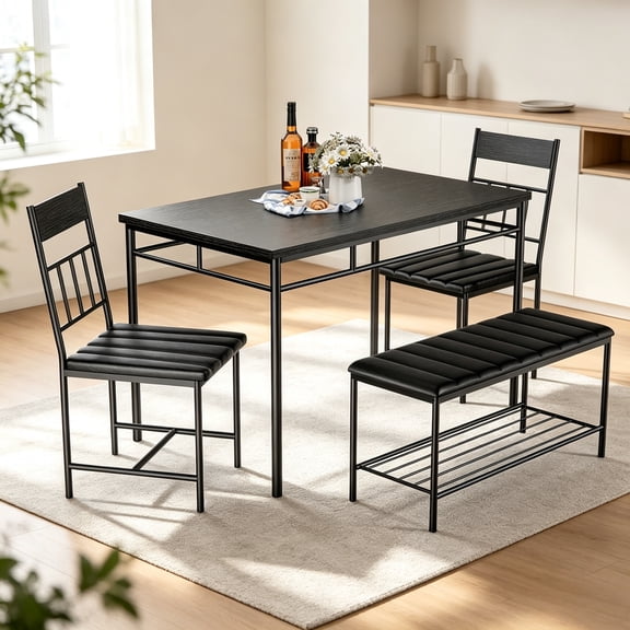 Dining Table Set Seats 4 with Upholstered Bench 2 Chairs and Storage Racks Wooden Kitchen Furniture for Apartment Indoor Use