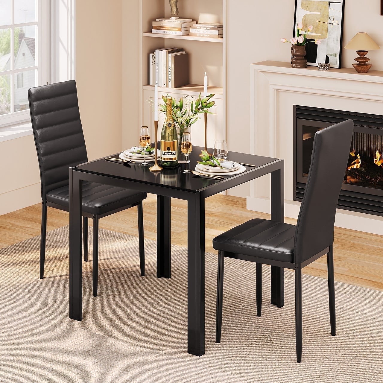 Dining Table Set for 2, 3 Pieces Glass Kitchen Table and PU Leather Chairs Set for Small Space, Black