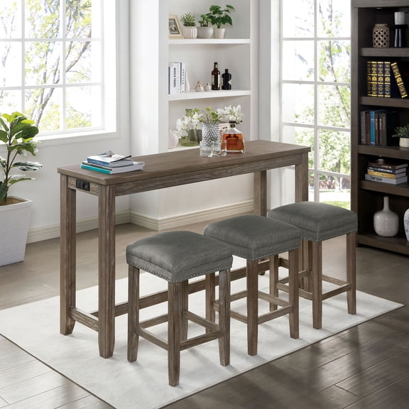 Dining Table Set, Solid Wood Transitional Breakfast Nook with 3 Padded Stools, Nailhead Trim, USB Port, Wire Brushed Gray Finish, 64"L x 18"W x 36"H, for Dining Room and Kitchen