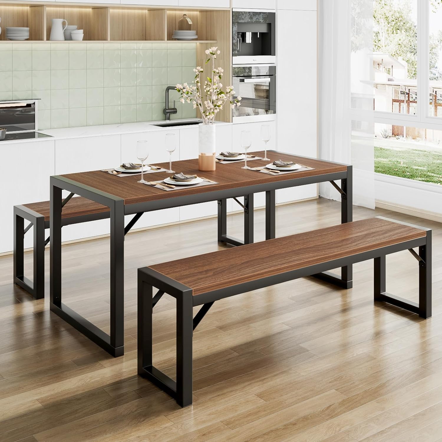 Dining Table Set with Two Benches Rustic Kitchen Table Set for 4 People