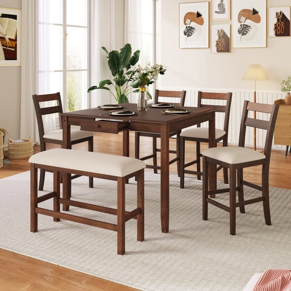 Dining Table Set, Wood 6-Piece Dining Table Set with Storage Drawer, Rustic Style Counter Height Square Kitchen Set with Upholstered Chair and Bench, Solid Wood Dining Room Set, Walnut