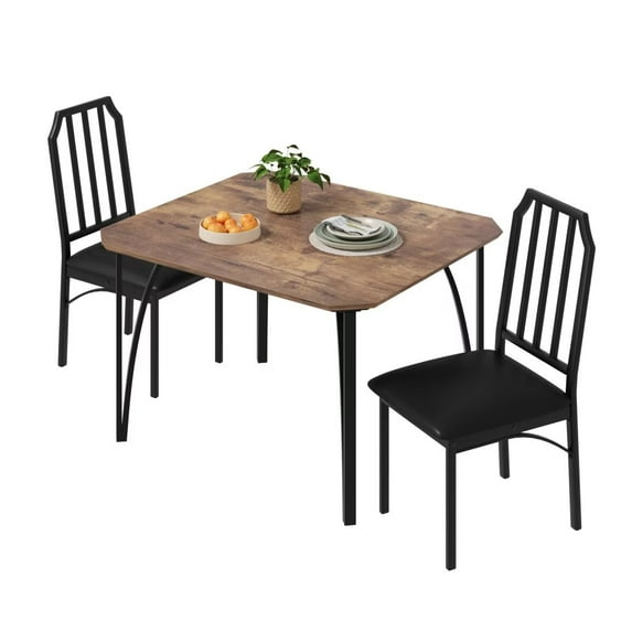 Dining Table Set for 2, 3 Piece Dining Room Table Set with Chamfer Design Table and 2 PU Cushion Chairs for Small Space, Apartment, Brown
