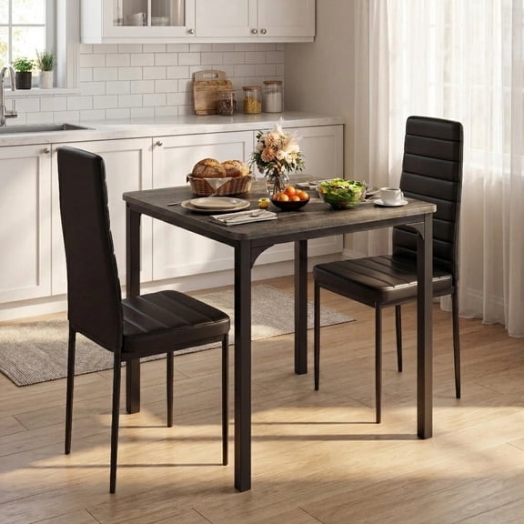 Dining Table Set for 2, 3 Piece Kitchen Table Set with 2 Upholstered PU Leather Chairs for Dining Room, Living Room, Apartment, Small Space, Grey