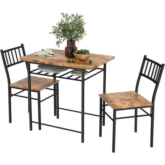 Dining Table Set for 2, Small Kitchen Table and Chairs with Built-in Storage Rack and Steel Frame, for Breakfast Nook and Small Space