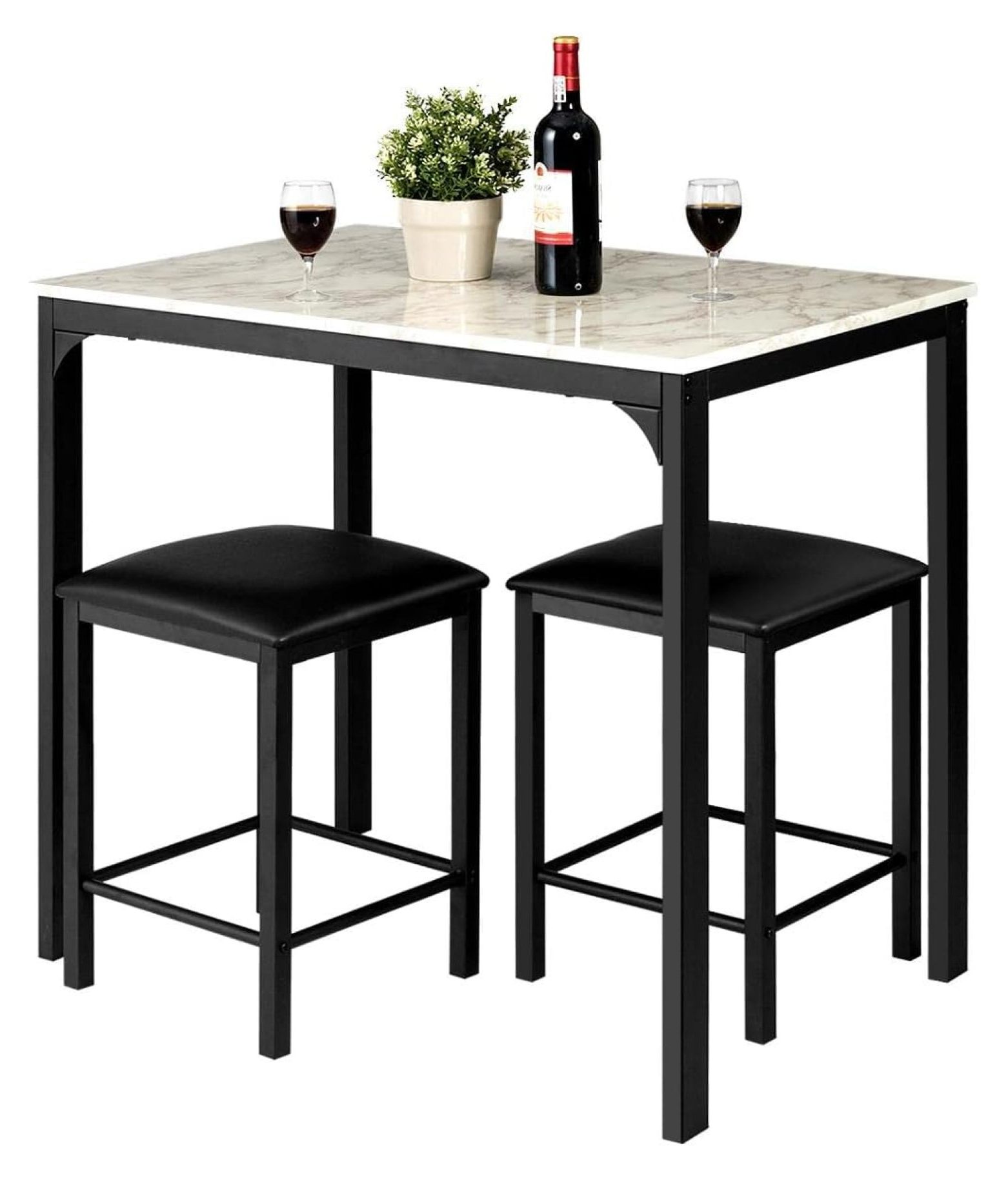 Dining Table Set for 2 w/Faux Mable and PU Leather Stools, 3 Pieces ...