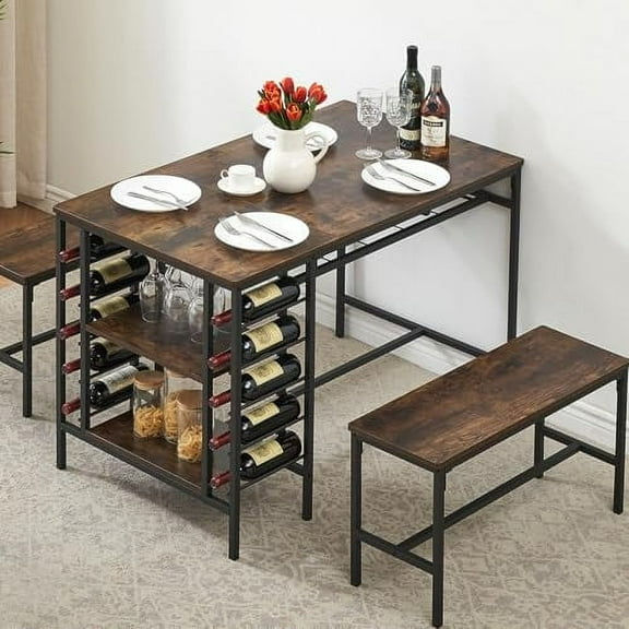 Dining Table Set for 4,3 Piece Dining Room Table Set with Wine Rack & Storage Shelf for for Small Space,Apartment