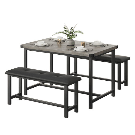 Dining Table Set for 4, 3-Piece Rectangular Kitchen Table with 2 Upholstered Benches, Compact Space-Saving Furniture for Apartment Dining Room