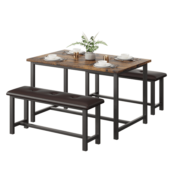Dining Table Set for 4, 3-Piece Rectangular Kitchen Table with 2 Upholstered Benches, Compact Space-Saving Furniture for Apartment Dining Room