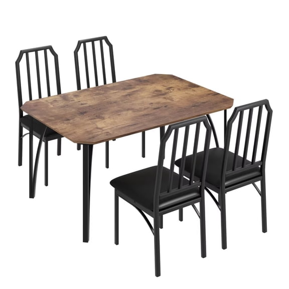 Dining Table Set for 4, 5 Piece Dining Room Table Set with Chamfer Design Table and 4 PU Cushion Chairs for Small Space, Apartment, Brown