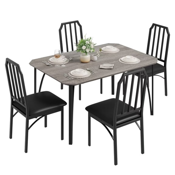 Dining Table Set for 4, 5 Piece Dining Room Table Set with Chamfer Design Table and 4 PU Cushion Chairs for Small Space, Apartment, Gray