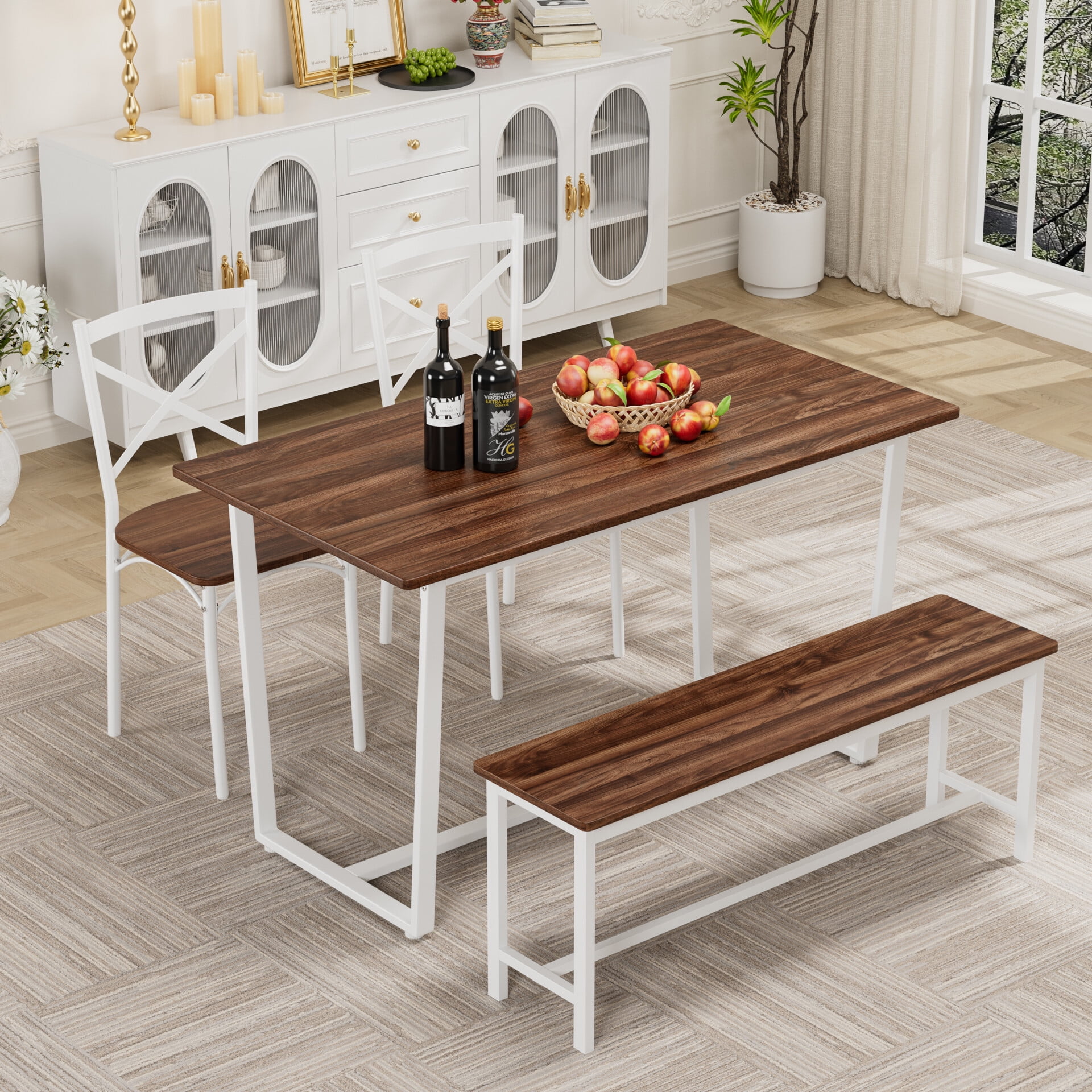 Dining Table Set for 4, 52" Wooden Kitchen Table with 2 High Backrests Chairs & 1 Bench for ...