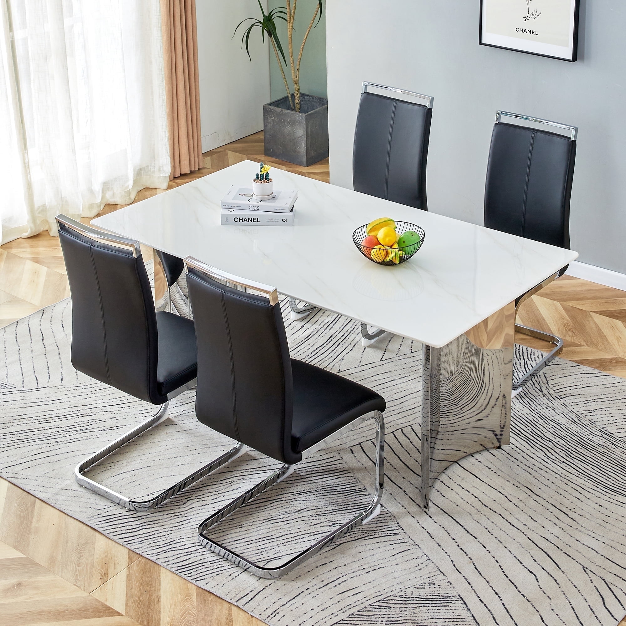 SUDICA 63" White Faux Marble Dining Table Set for 4, Modern Rectangular ...