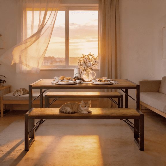 Dining Table Set for 4, Breakfast Nook Wooden Kitchen Table Set with Metal Frame for Home, Studio, Retro Brown