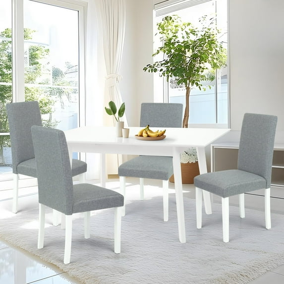 Dining Table Set for 4, Classic Style Solid Wood Falabella Chairs w Extendable Rectangular Table, Kitchen Room Set, White Color w Gray Fabric